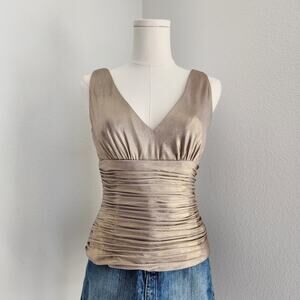 Vintage Y2K Adrianna Papell Gold Ruched V Neck Evening Tank Top S